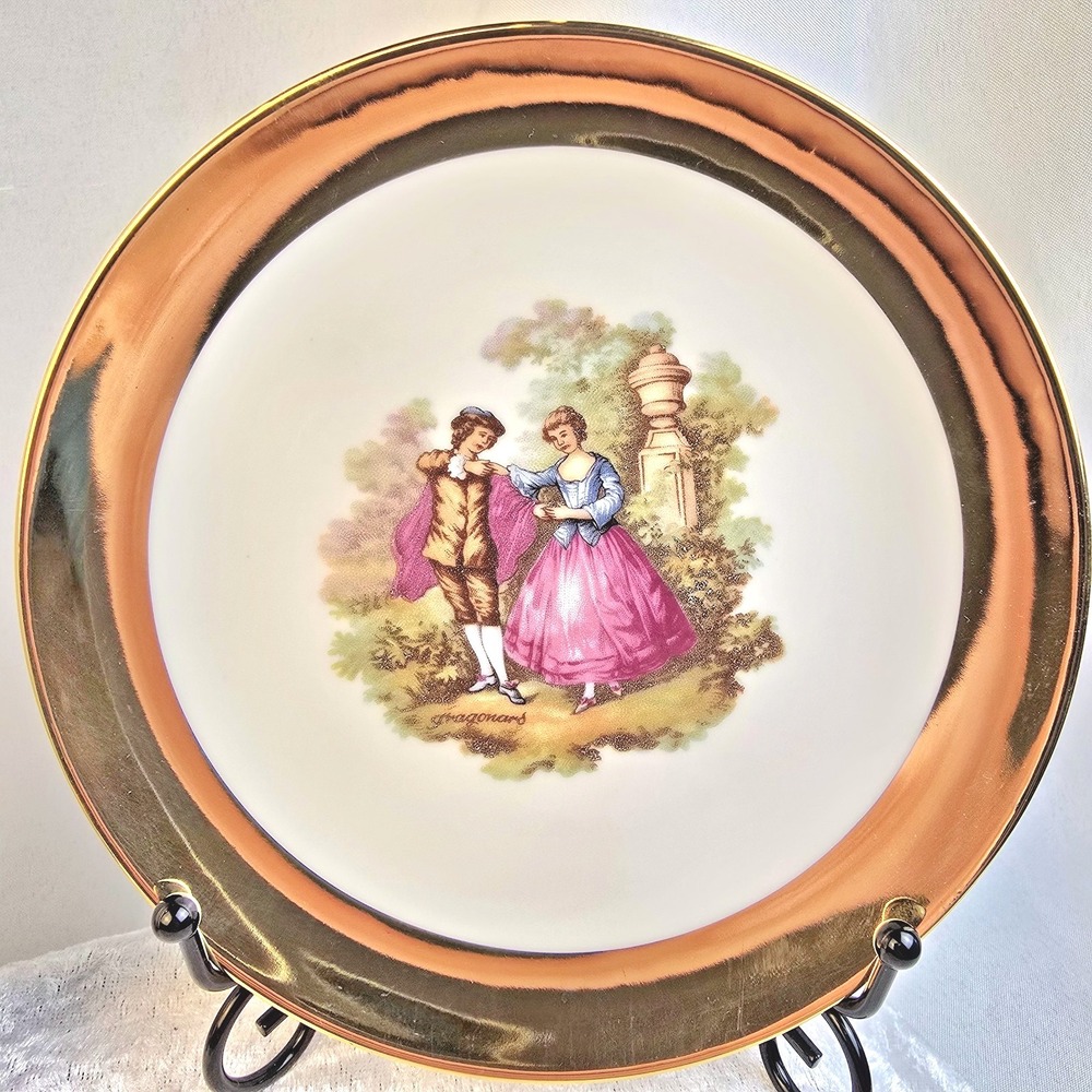 22 K Gold Trim L Parbus Bavaria Germany 2 Plates Fragonard courting couple 6.75" - Picture 3 of 10